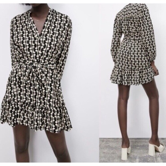 Zara The Paula Dress Women's XS Black/Cream Retro Geometric Print Flowy Tunic - Picture 1 of 11
